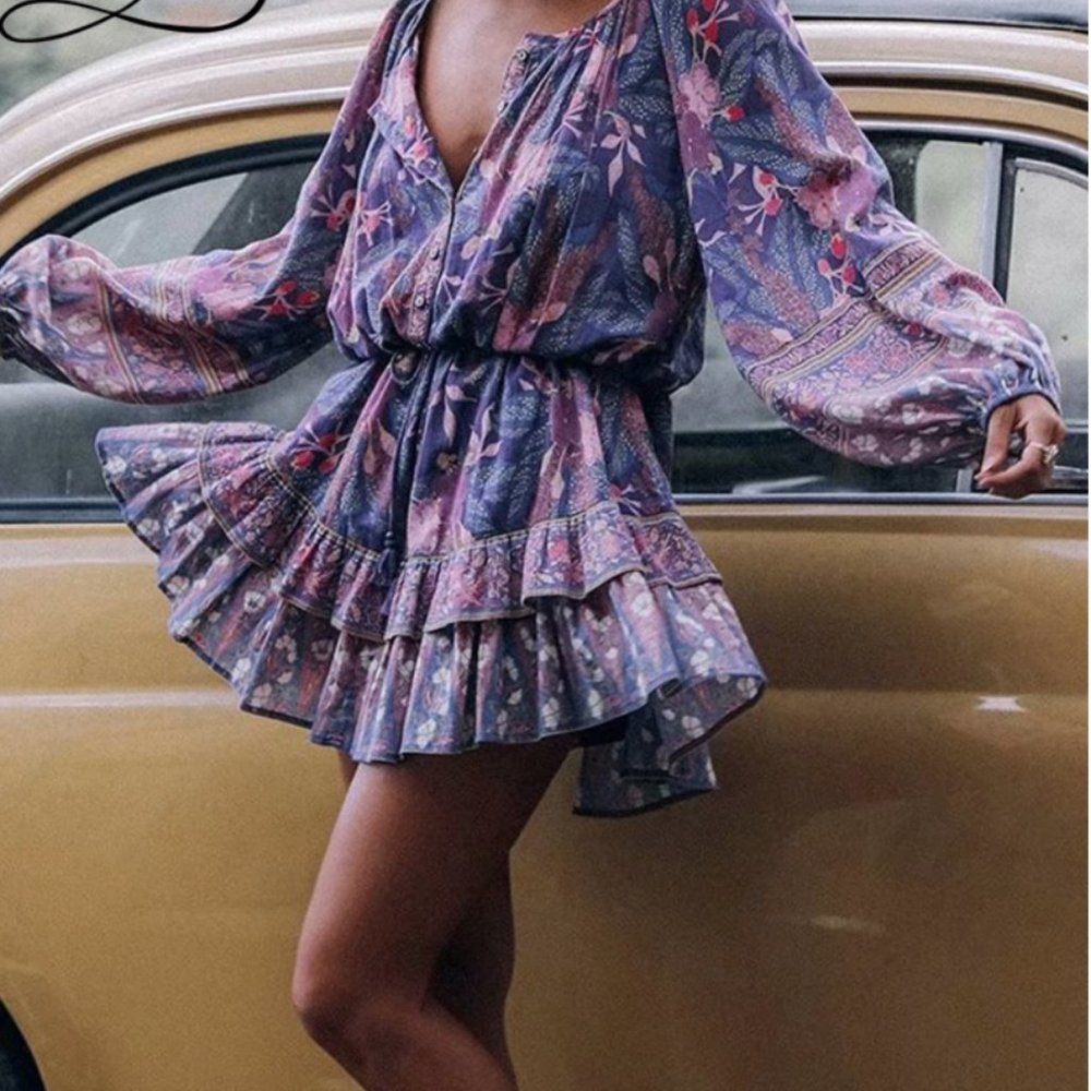 Bohemian Gypsy Purple Floral Print Mini Ruffle dress - Picture 6 of 16